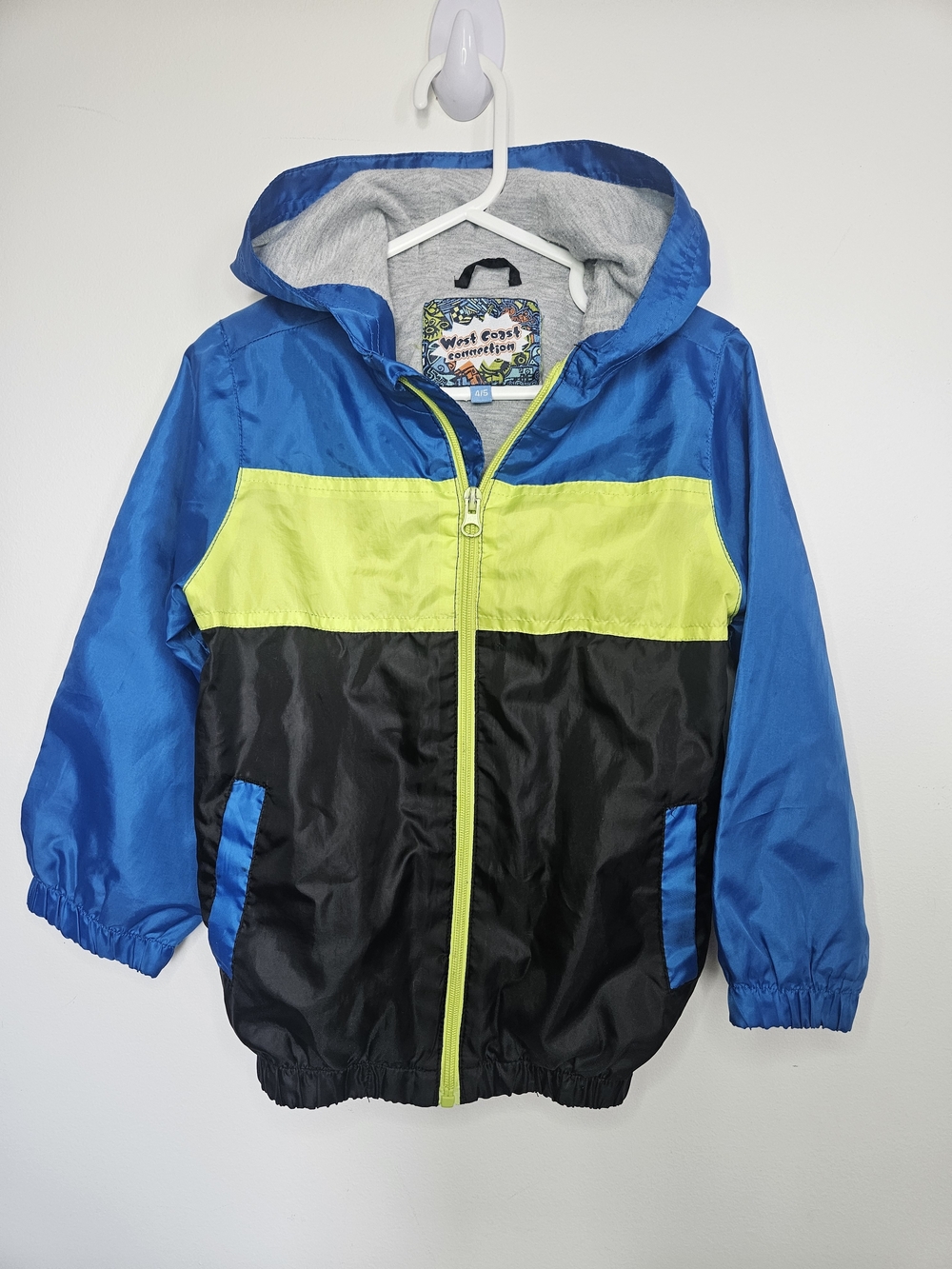 West Coast Connection Boys Colorblock Hooded Windbreaker Jacket Blue Yellow 4/5